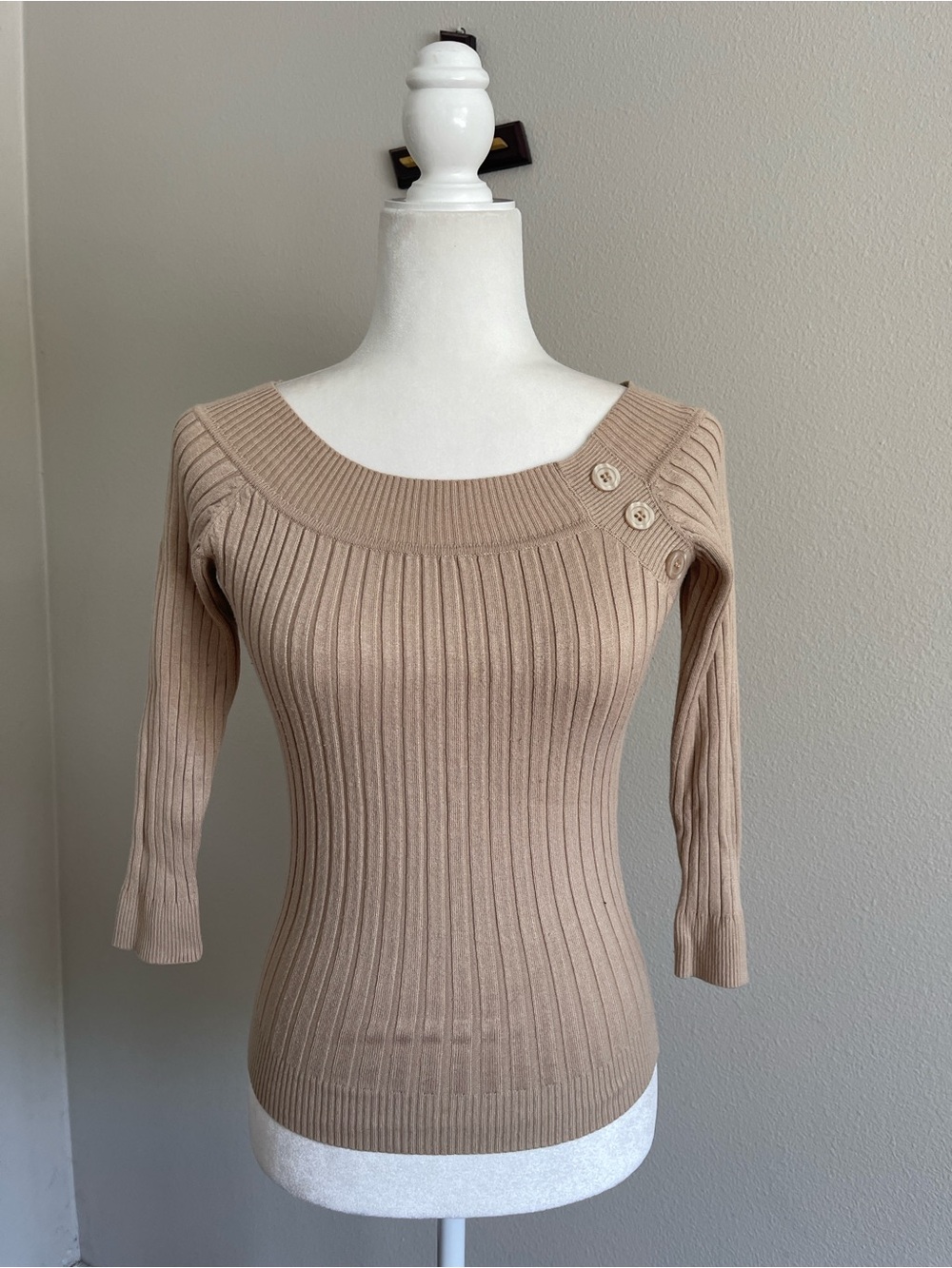 Rampage Taupe Ribbed Scoop-Neck Sweater with Button Detail